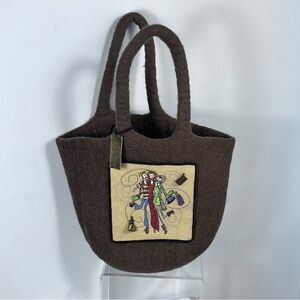 Brown Wool Bucket Tote with Embroidered Patch “love to shop” handmade